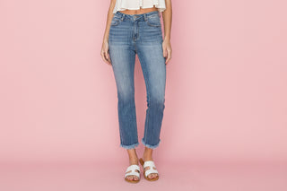 Risen Mid-Rise Raw Hem Straight Leg Cropped Jeans