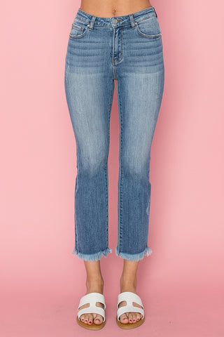 Risen Mid-Rise Raw Hem Straight Leg Cropped Jeans