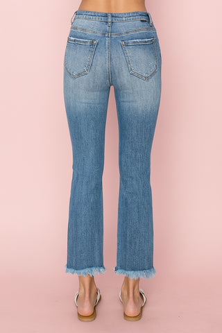 Risen Mid-Rise Raw Hem Straight Leg Cropped Jeans