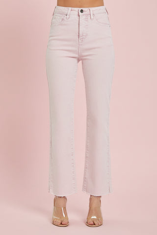 Risen Pink High-Rise Raw Hem Straight Leg Jeans with Side Slit