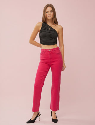 Risen High-Rise Fuchsia Straight-Leg Jeans with Raw Hem & Side Slit
