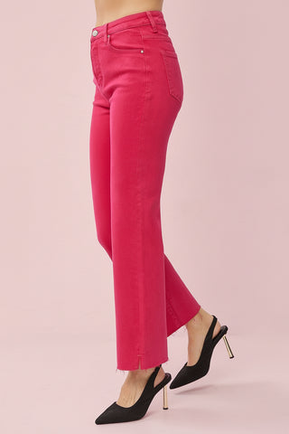 Risen High-Rise Fuchsia Straight-Leg Jeans with Raw Hem & Side Slit