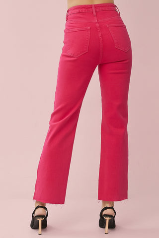 Risen High-Rise Fuchsia Straight-Leg Jeans with Raw Hem & Side Slit