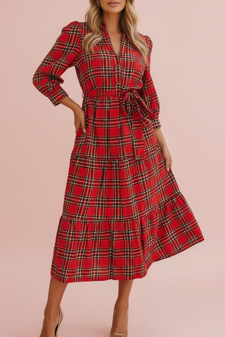 Plaid V-Neck Holiday Midi Dress