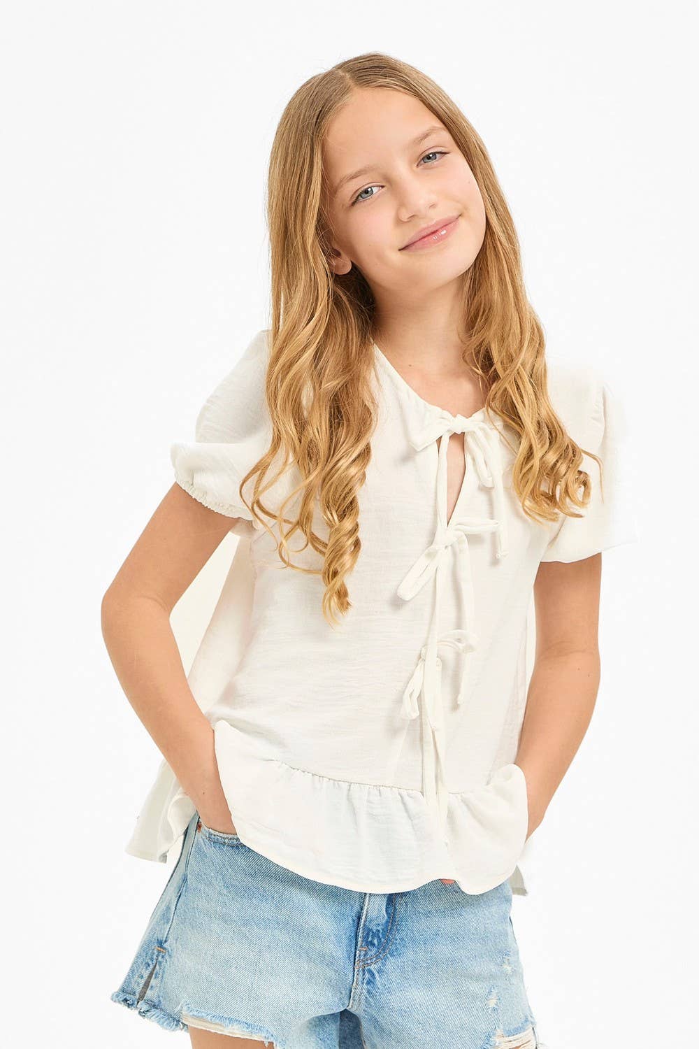 Ribbon Tie Front Ruffle Blouse