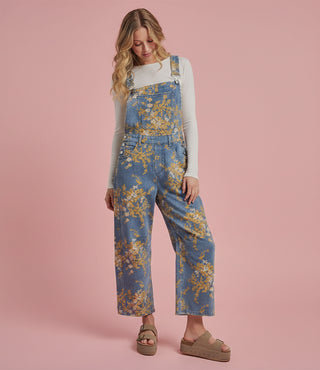 Women's Floral Print Denim Overall Jumpsuit with Barrel Leg