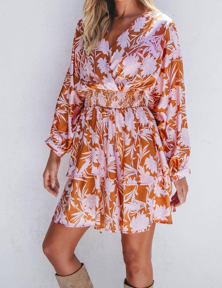 Floral Puff Sleeve Smocked Waist Layered Dress