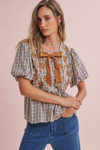Women's Plaid Floral Embroidered Babydoll Blouse with Contrast Neck Bow