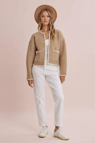 Open Front Whipstitch Brushed Wool Blend Sweater Jacket