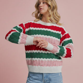 Women's Holiday Christmas Color Textured Stripe Sweater Top