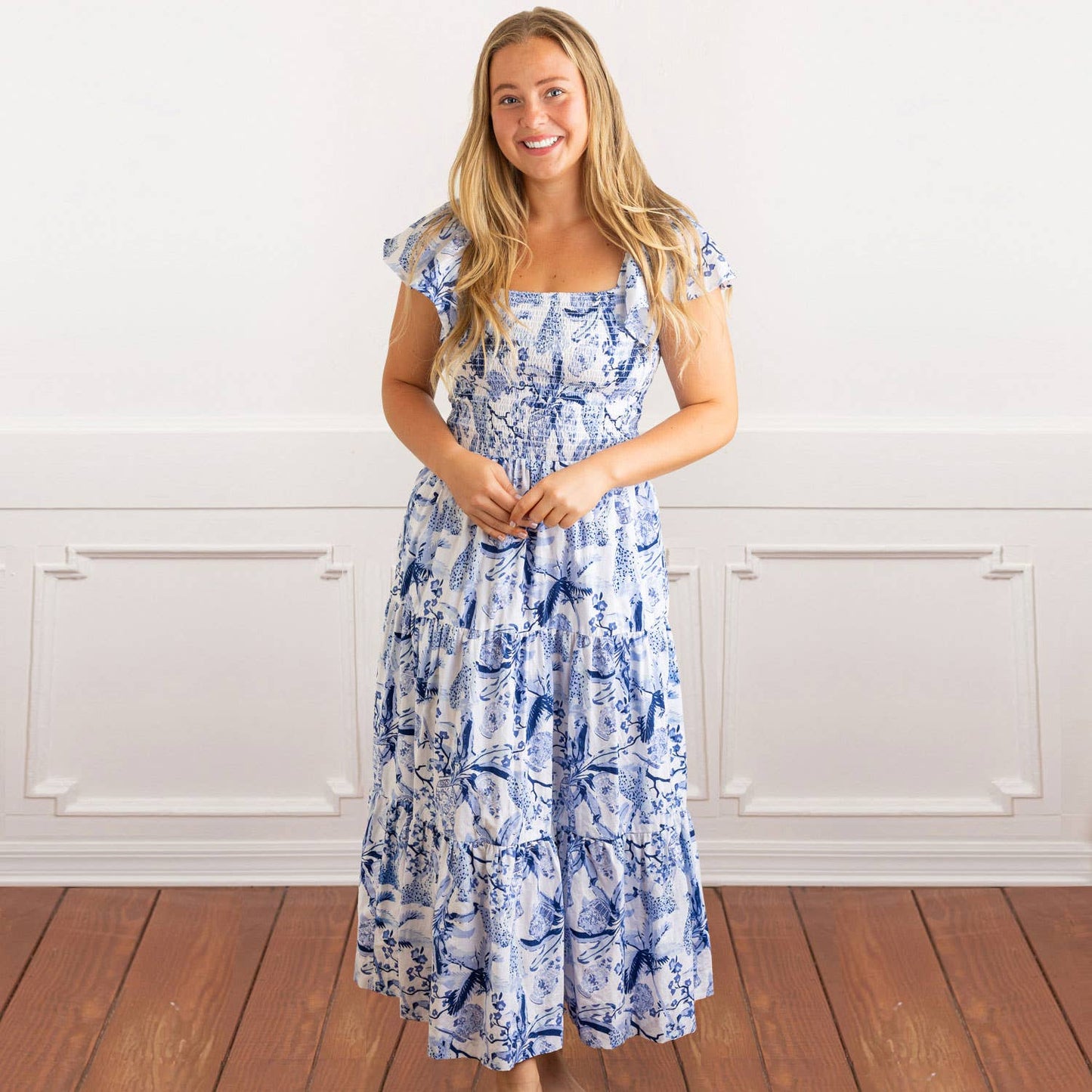 Blue Leopard Palms Smocked Flutter Sleeve Dress