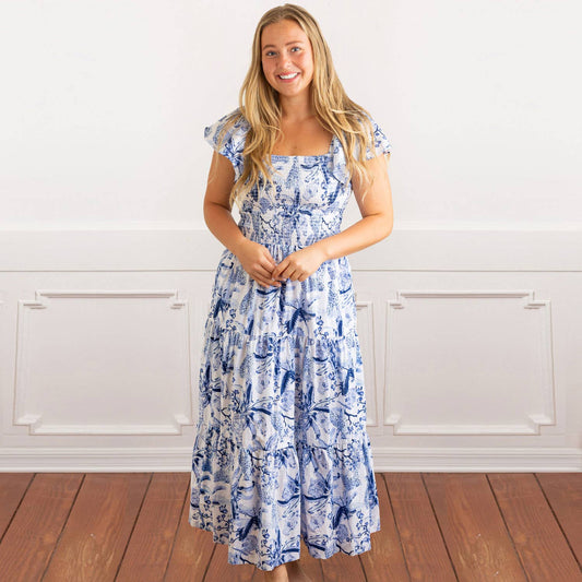 Blue Leopard Palms Smocked Flutter Sleeve Dress