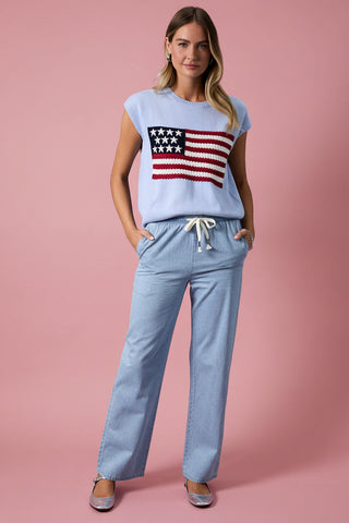 Round Neck Wide Shoulder USA Flag Sweater