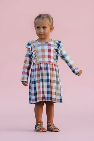 Fall Thanksgiving Plaid Long Sleeve Girls Dress