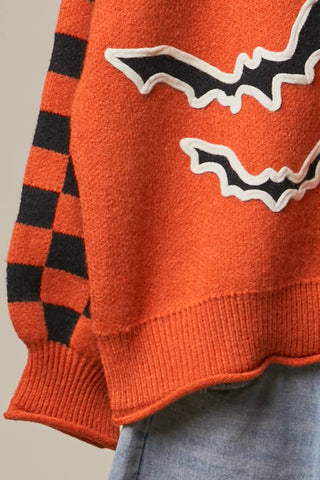 Halloween Bat & Checkerboard Sleeve Knit Sweater