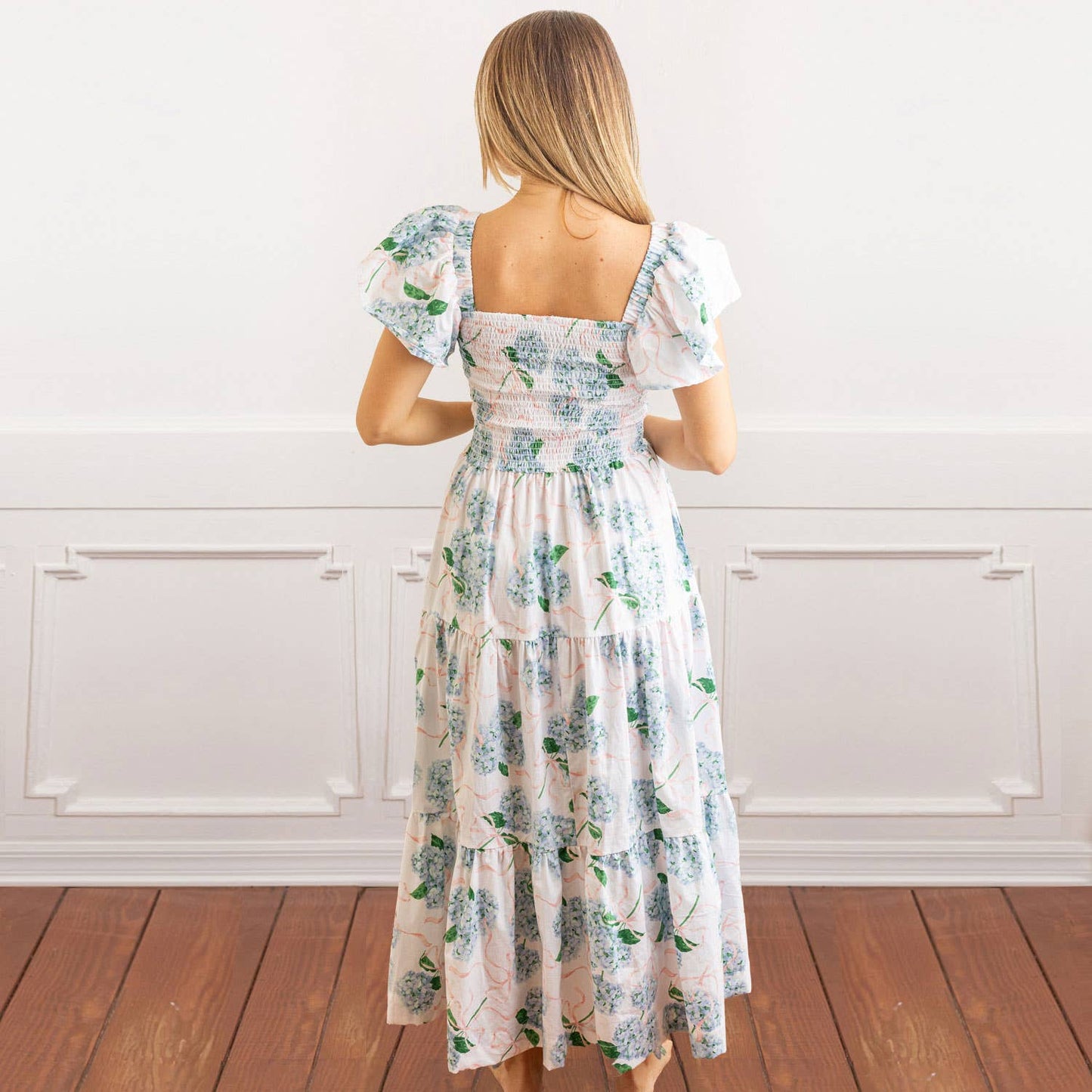 Hydrangea Ribbons Smocked Flutter Sleeve Dress