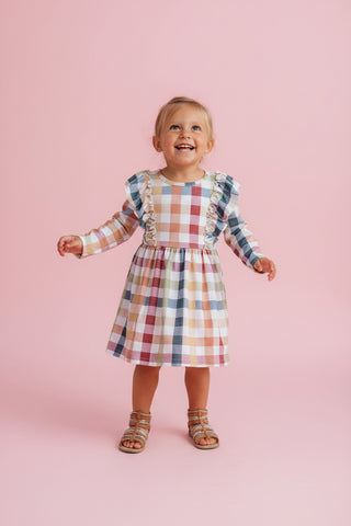 Fall Thanksgiving Plaid Long Sleeve Girls Dress