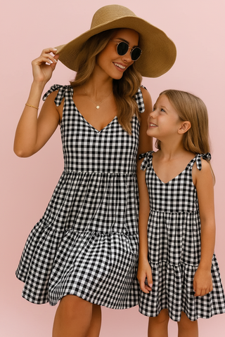 Mommy & Me Gingham Print Tie Shoulder Ruffle Babydoll Dress