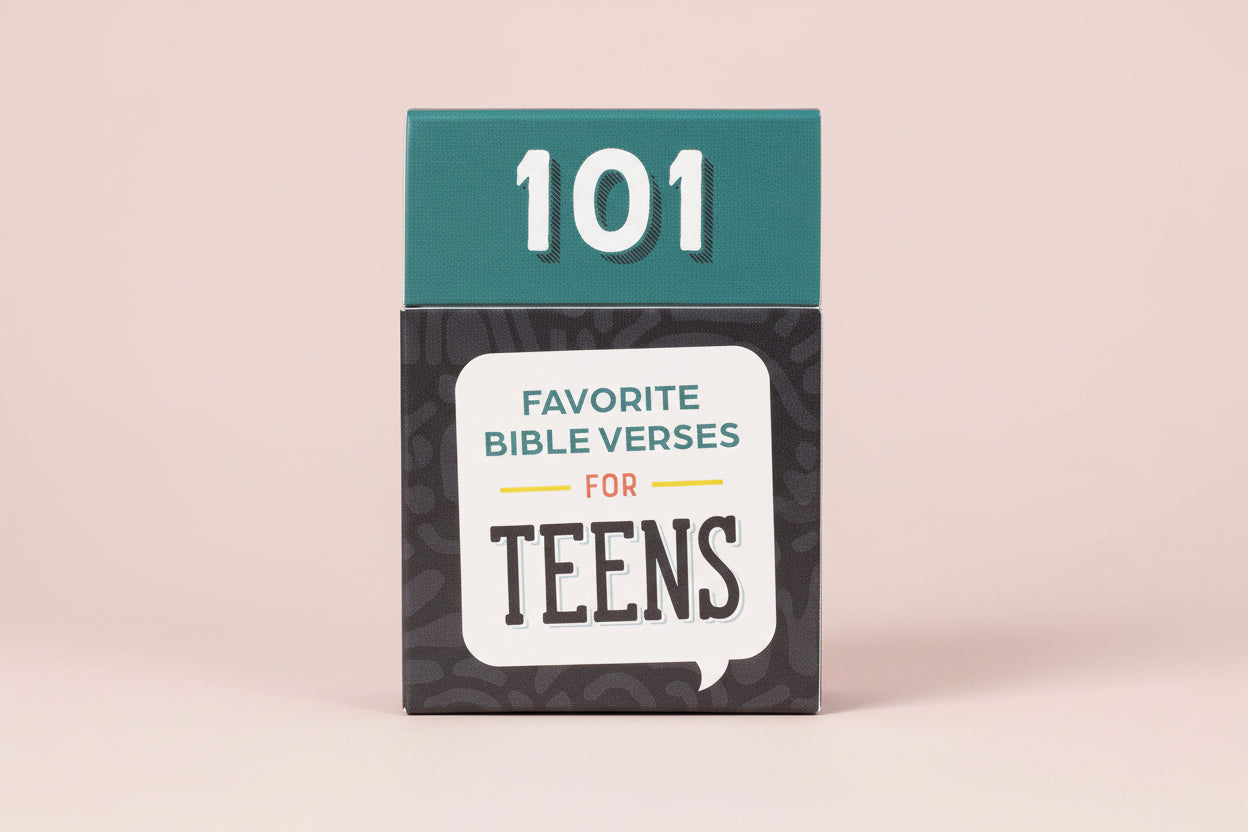 Book titled '101 Favorite Bible Verses for Teens' on a light pink background