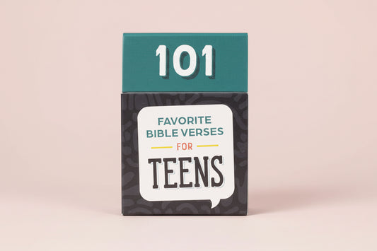 Book titled '101 Favorite Bible Verses for Teens' on a light pink background