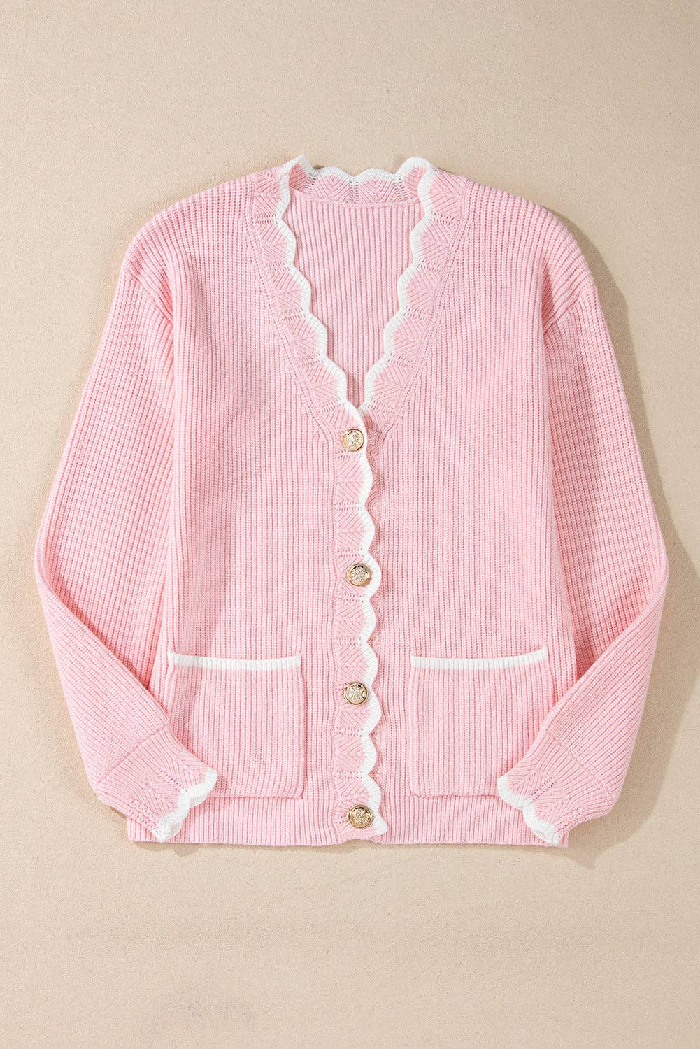 Ribbed Knit Scalloped Edge Side Pockets Buttoned Cardigan