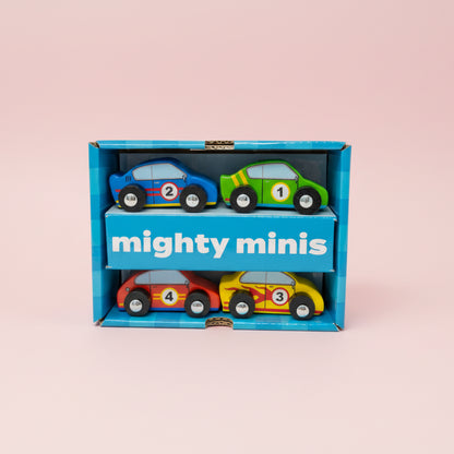 Box of 'mighty minis' toy cars on a pink background