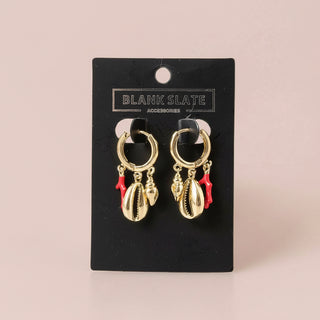 Sea Shells And Enamel Coral Charms Hoop Earrings