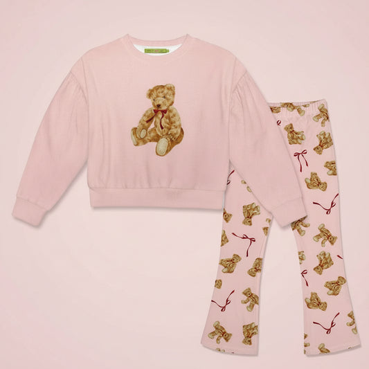 Kids Pink Teddy Bear Velour Sweatshirt & Flare Leggings Set