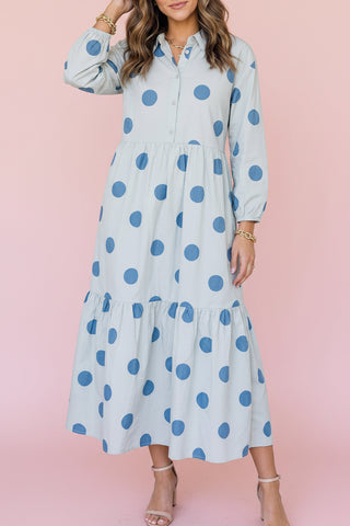 Polka Dot Button-Front Casual Shift Midi Dress