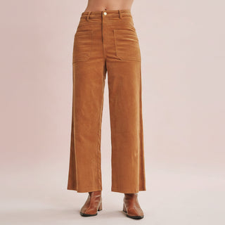 High Rise Wide Leg Stretch Corduroy Patch Pants