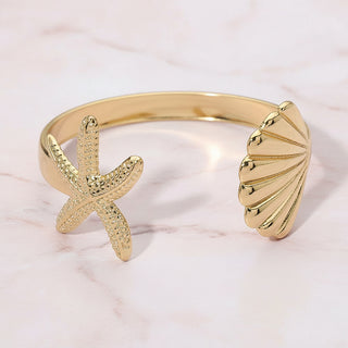 Stainless Steel Starfish & Shell Open Cuff Bracelet