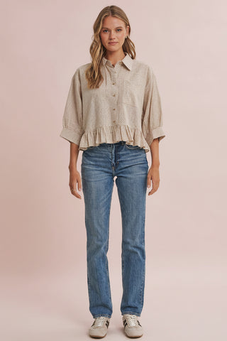 Women's Relaxed Gingham Check Button Down Shirt with Ruffle Hem