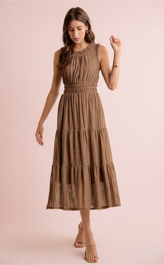 Textured Smock Waist Sleeveless Midi Tiered Dress
