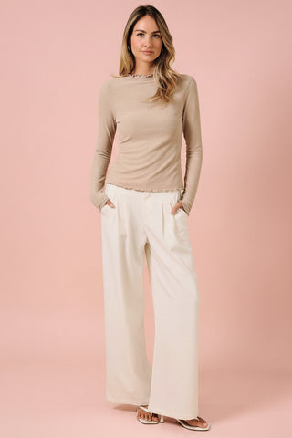 Ribbed Mock Neck Lettuce-Edge Long Sleeve Top