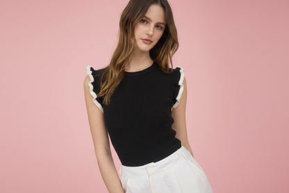 Black Ribbed Ruffle Sleeve Knit Top with Contrast Trim