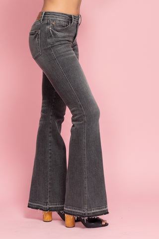 Judy Blue Mid-Rise Tummy Control Washed Gray Release Hem Flare Jeans