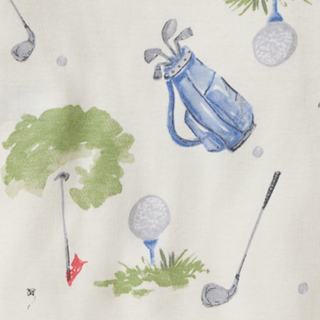 Illustration of golf equipment including clubs, balls, and a bag on a light background