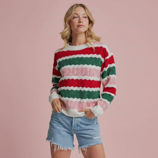 Women's Holiday Christmas Color Textured Stripe Sweater Top