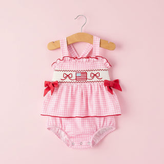 4th of July Plaid Girls Romper Bow Ruffle