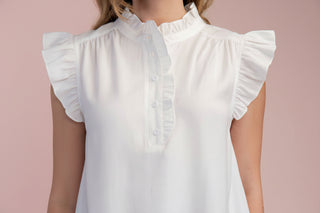 White Sleeveless Ruffle Neck Blouse