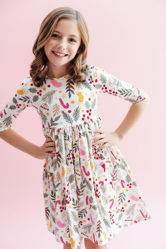 Holly Jolly Christmas 3/4 Sleeve Pocket Twirl Dress