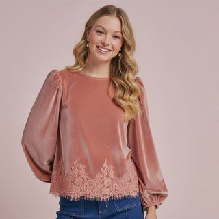 Women's Romantic Holiday Velvet Blouse Top with Eyelash Lace Hem
