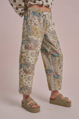 Women's Mid Rise Relaxed Everyday Casual Fit Mixed Print Vintage Boho Patchwork Pants