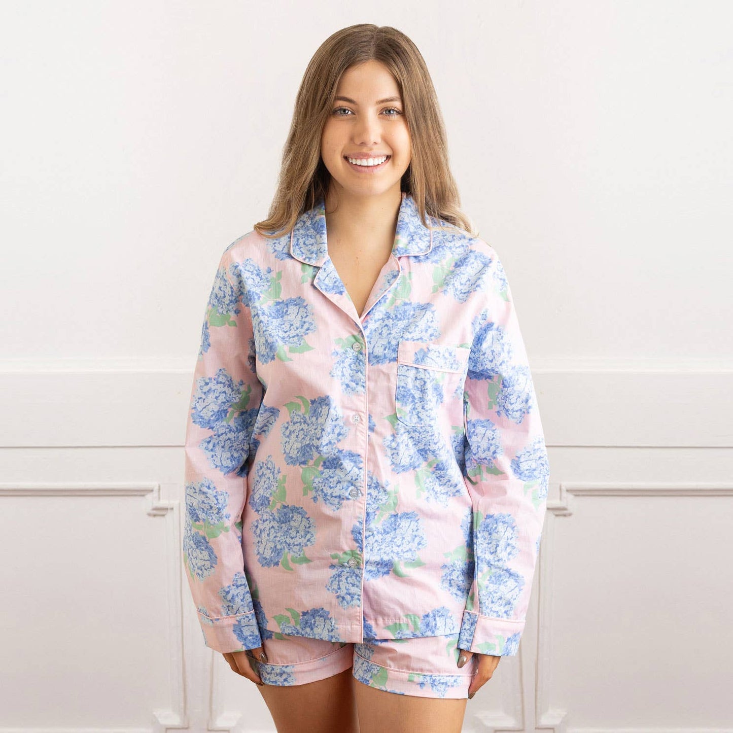 Hydrangea Pink PJ Set with Shorts & Long Sleeve Top