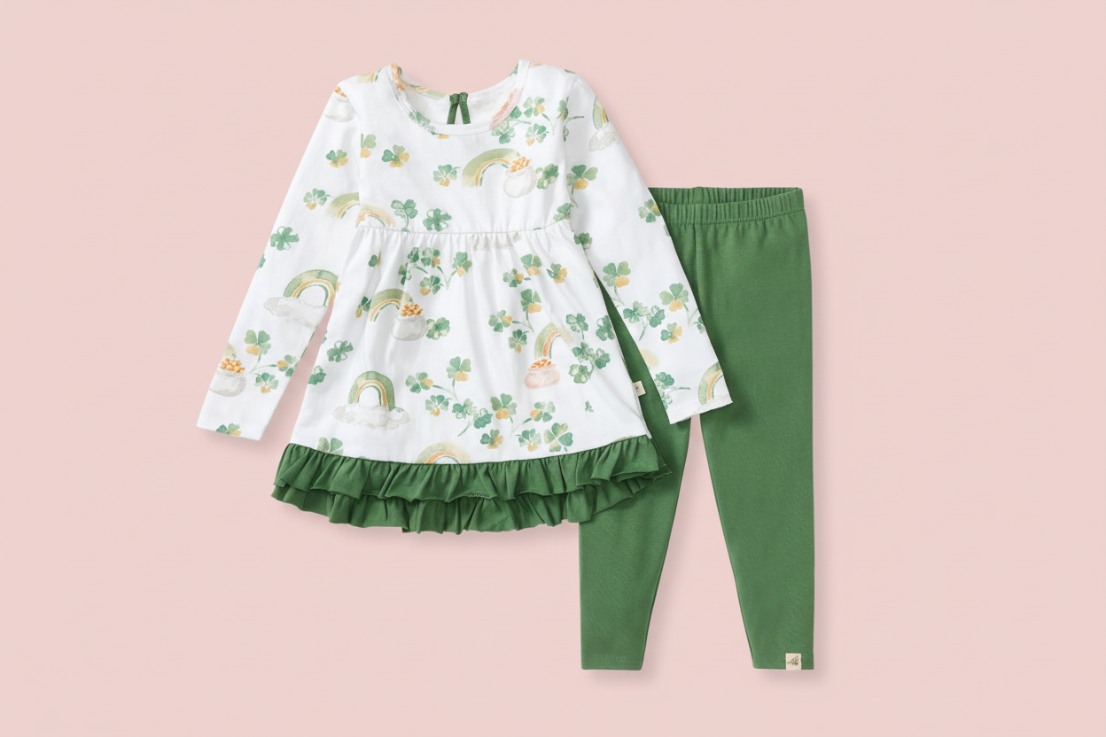 Children's outfit with a white top and green pants on a pink background