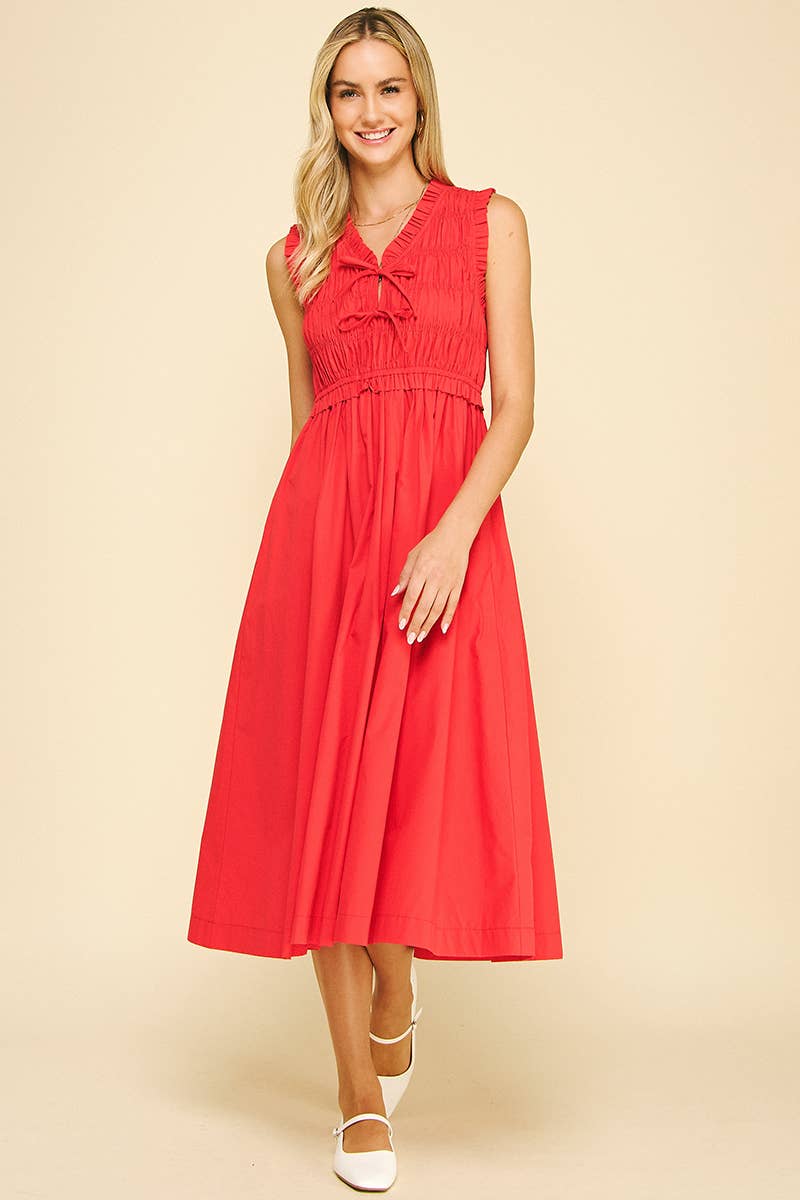 Front-Tie Detailed Smocking Midi Dress