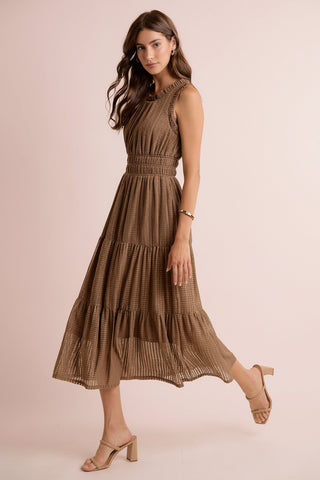 Textured Smock Waist Sleeveless Midi Tiered Dress