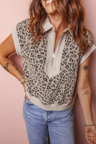 Zip-Up Collared Leopard Cap Sleeve Top