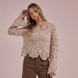 Women's Crochet Lace Looking Chenille Knit Boho Fall Sweater Top