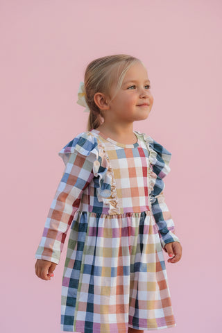 Fall Thanksgiving Plaid Long Sleeve Girls Dress